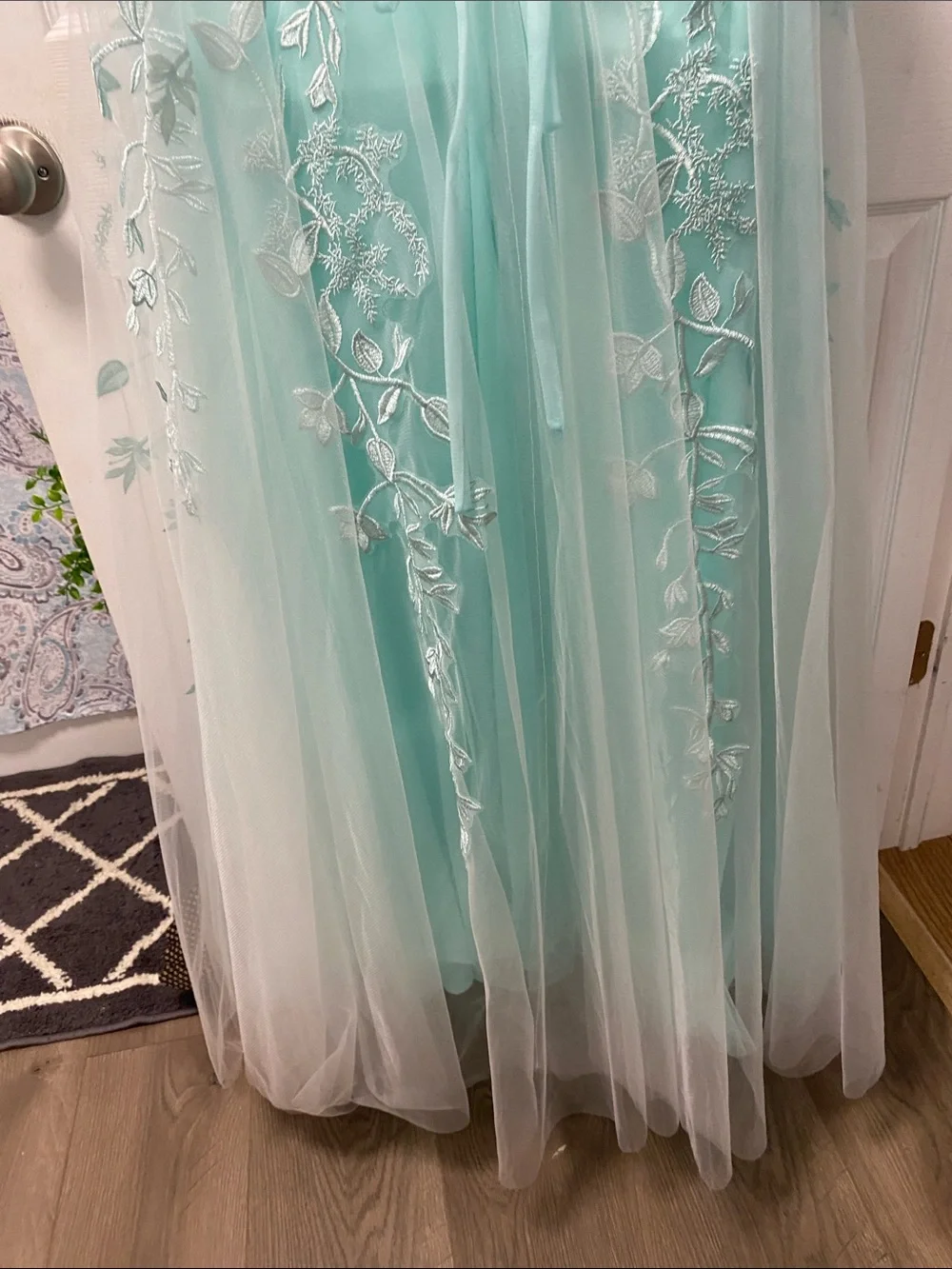 Aqua Floral Appliqué Tulle Gown